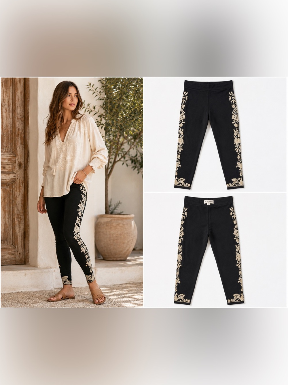 Johnny Was JW Los Angeles Black Floral Embroidered Leggings Size S